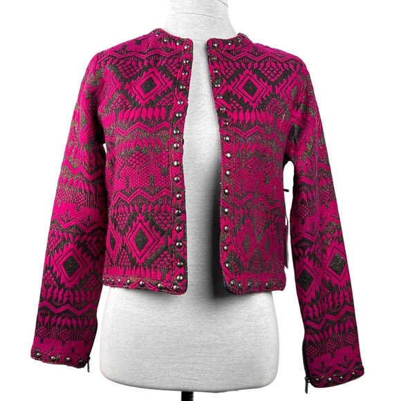 Lovers + Friends Women's Magenta & Blk w/Gold Metallic Open Crop Blazer Sz XS - Picture 1 of 10